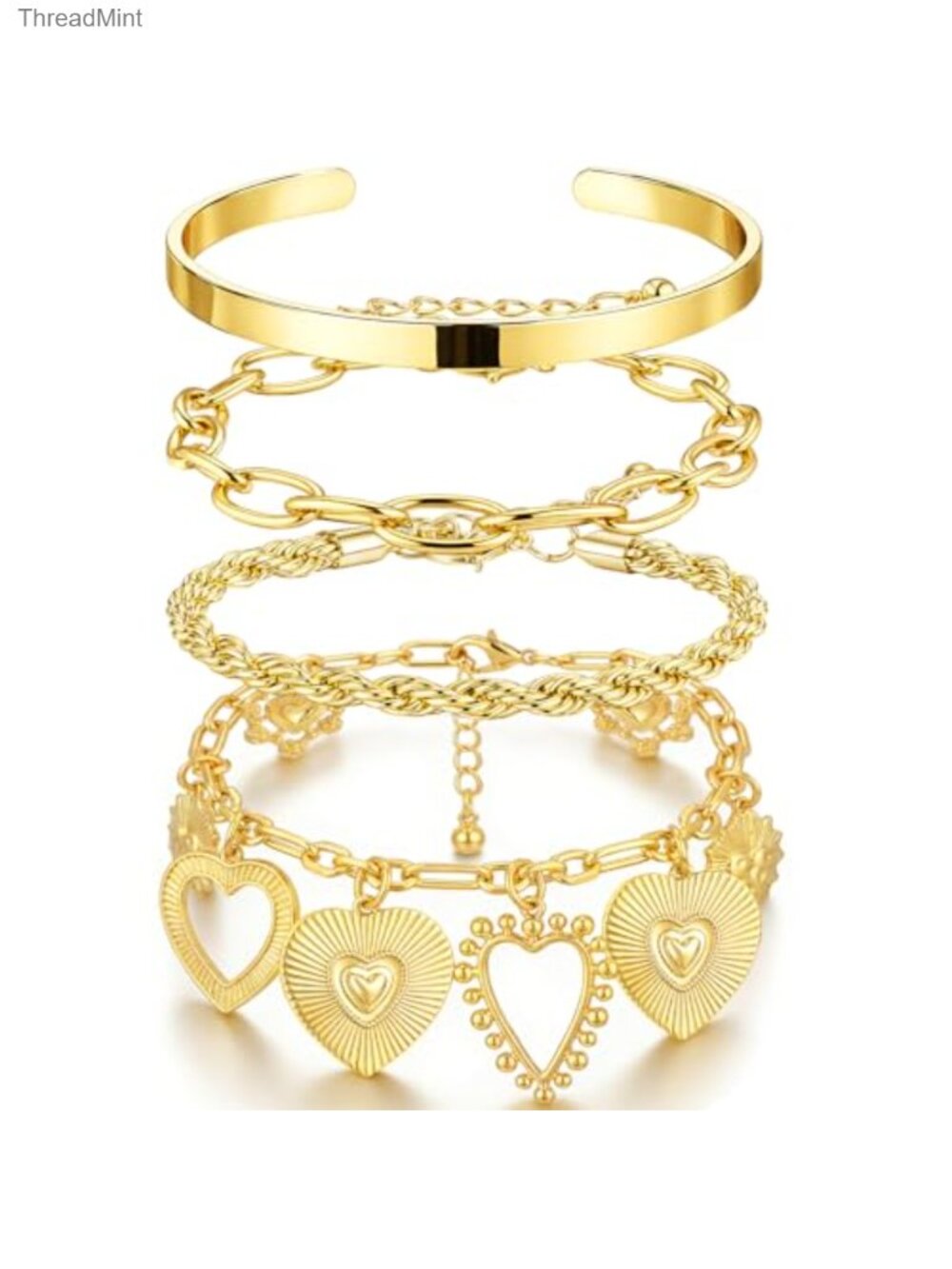 Gold Plated Bracelet Set 4-Piece Layered Chain Adjustable Heart Pendant Cuff